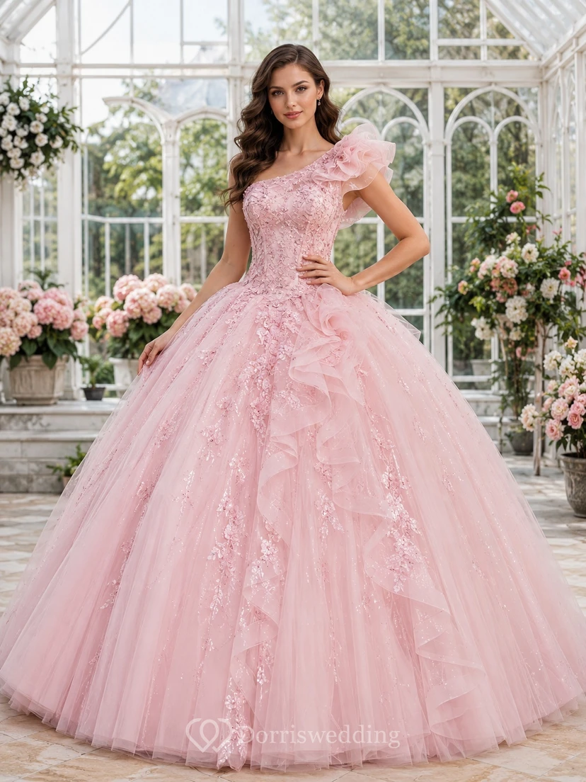Zartrosa, schulterfreies Ballkleid mit Puffärmeln aus Tüll und Blumenmuster für Quinceañeras