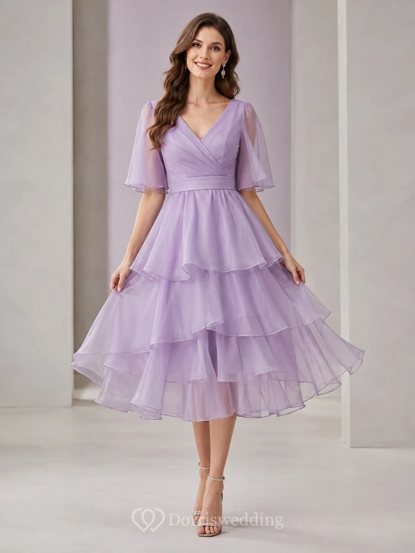 Romantic Lavender V-neck 3/4 Length Sleeve Organza A-Line Tiered Dress