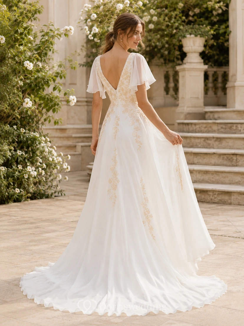 Gold Petaled Bridal A-Line V-neck Short Sleeve Sweep/Brush Train Romantic Elegant Gown view 2