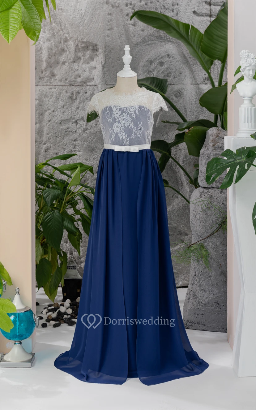 Lace Scoop-neck Cap Two-Tone Dark Blue Flowergirl Dress video preview