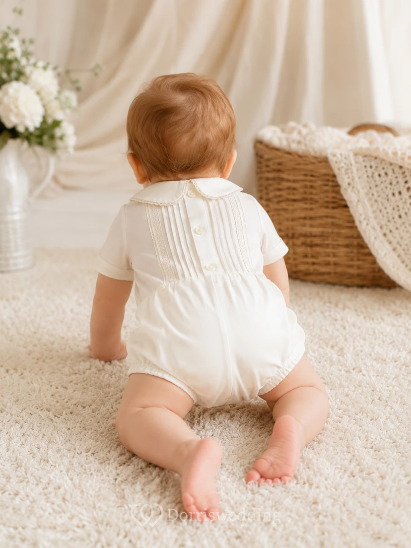 Ivory Textured Pintuck Peter Collar Short Sleeve Baptism Bubble Romper for Baby Boy view 2