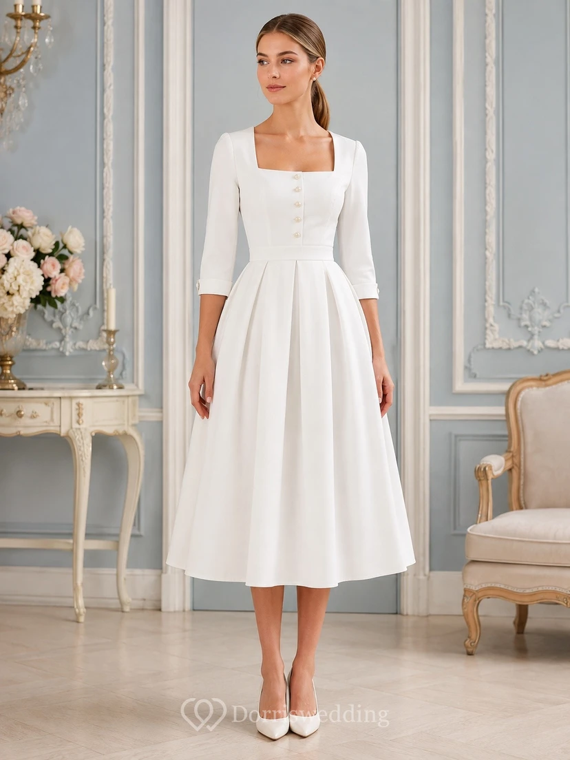 Weißes, schlichtes, teelanges A-Linien-Kleid mit eckigem Ausschnitt und Dreiviertelärmeln