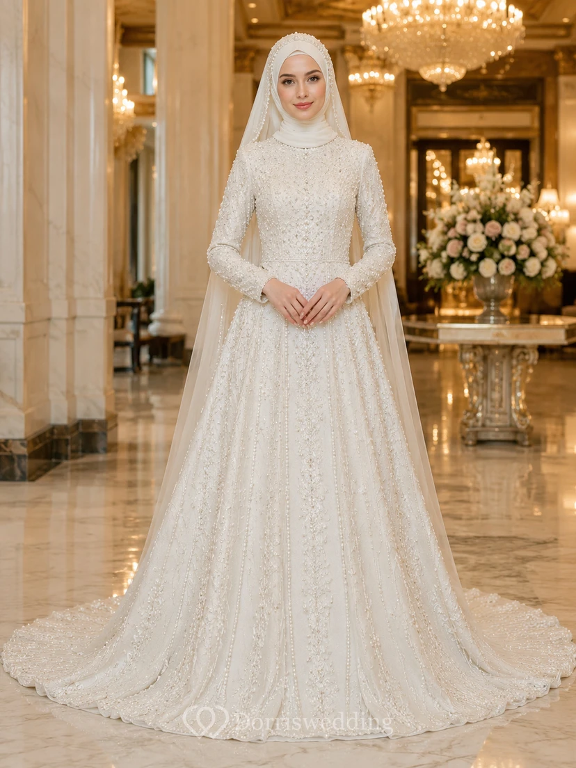 Lujoso vestido de novia musulmán de corte A con encaje y perlas, cola capilla.