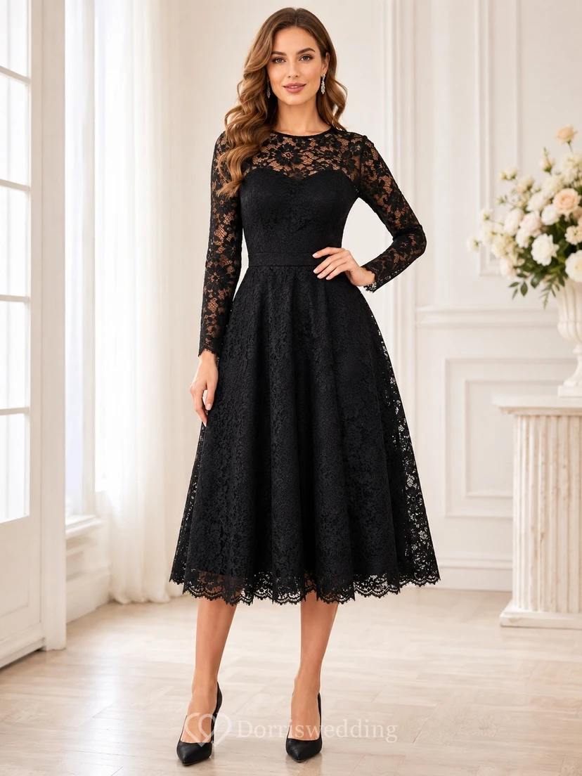 Black Lace V-Neck Long-Sleeve Classic Tea-Length Formal Dress