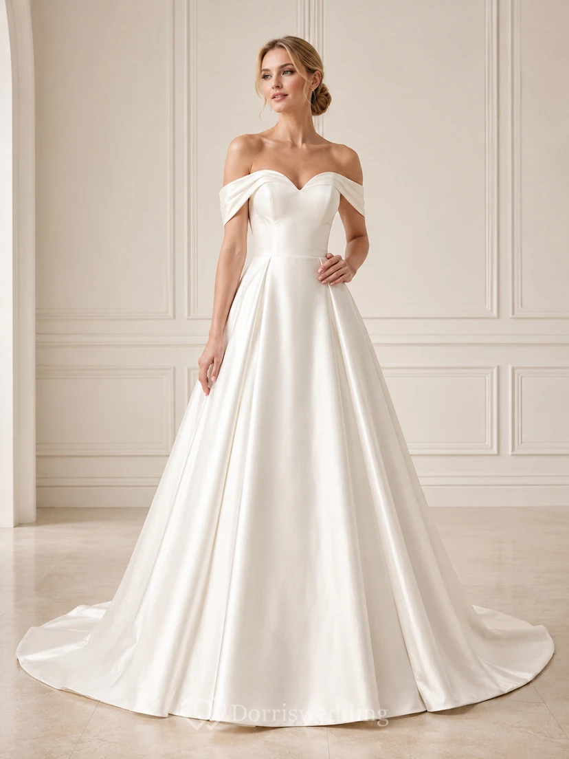 Vestido de novia de satén, corte A, sin hombros, largo hasta el suelo, con escote en V bajo en la espalda.