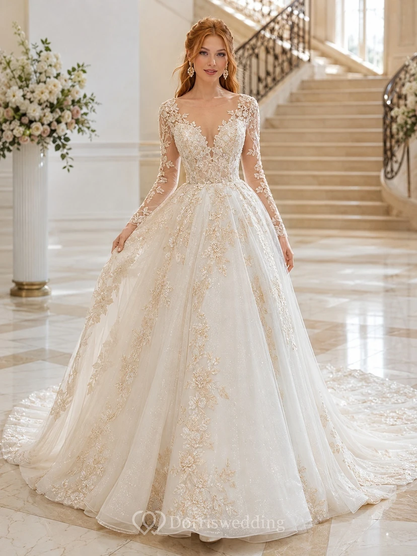 Champagne Floral Lace Ball Gown Bridal Dress V-neck Cap Sleeve Cathedral Train