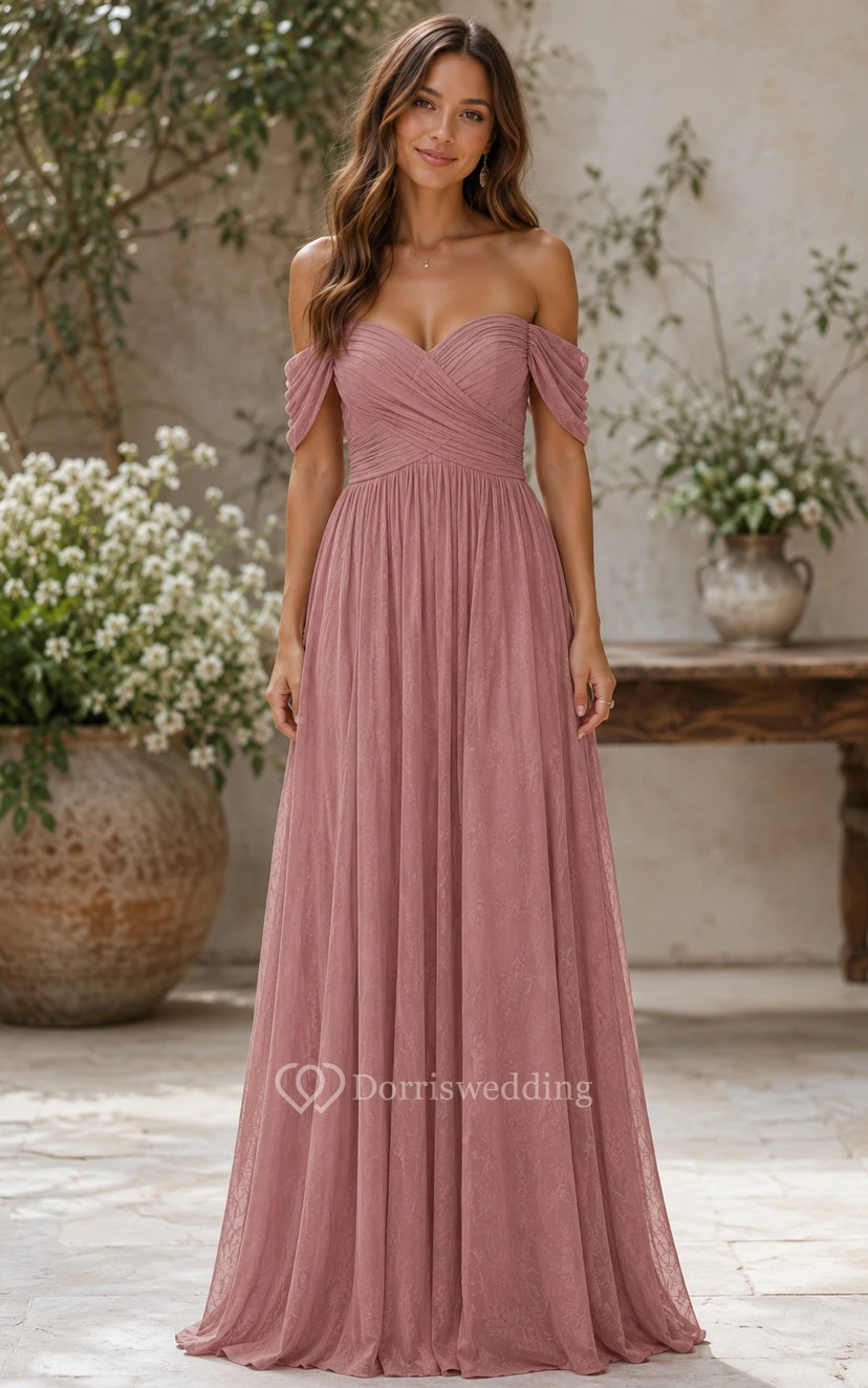 Dusty Rose Off-the-Shoulder Tulle A-Line Bridesmaid Dress