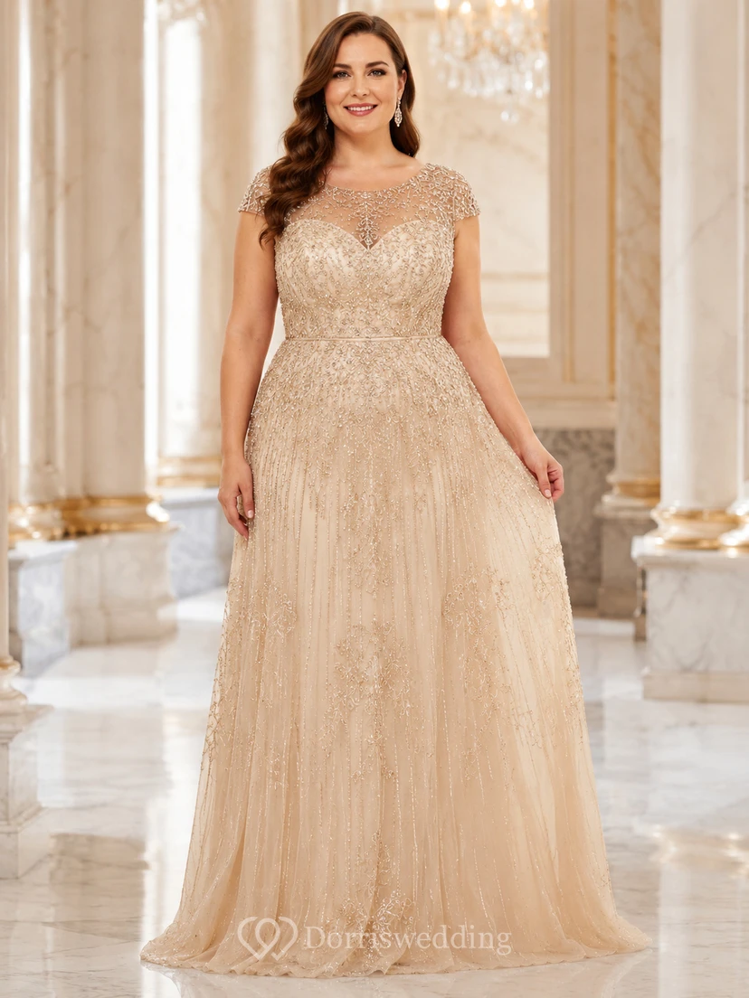Champagnerfarbenes, extragroßes, elegantes A-Linien-Abendkleid aus Tüll mit Rundhalsausschnitt und kurzen Ärmeln, Perlenbesatz