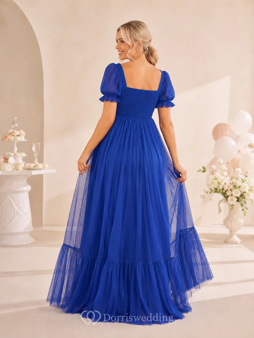 Königsblaues Umstands-Maxikleid aus Tüll mit eckigem Ausschnitt, Puffärmeln und Stufenrock im Empire-Stil view 2