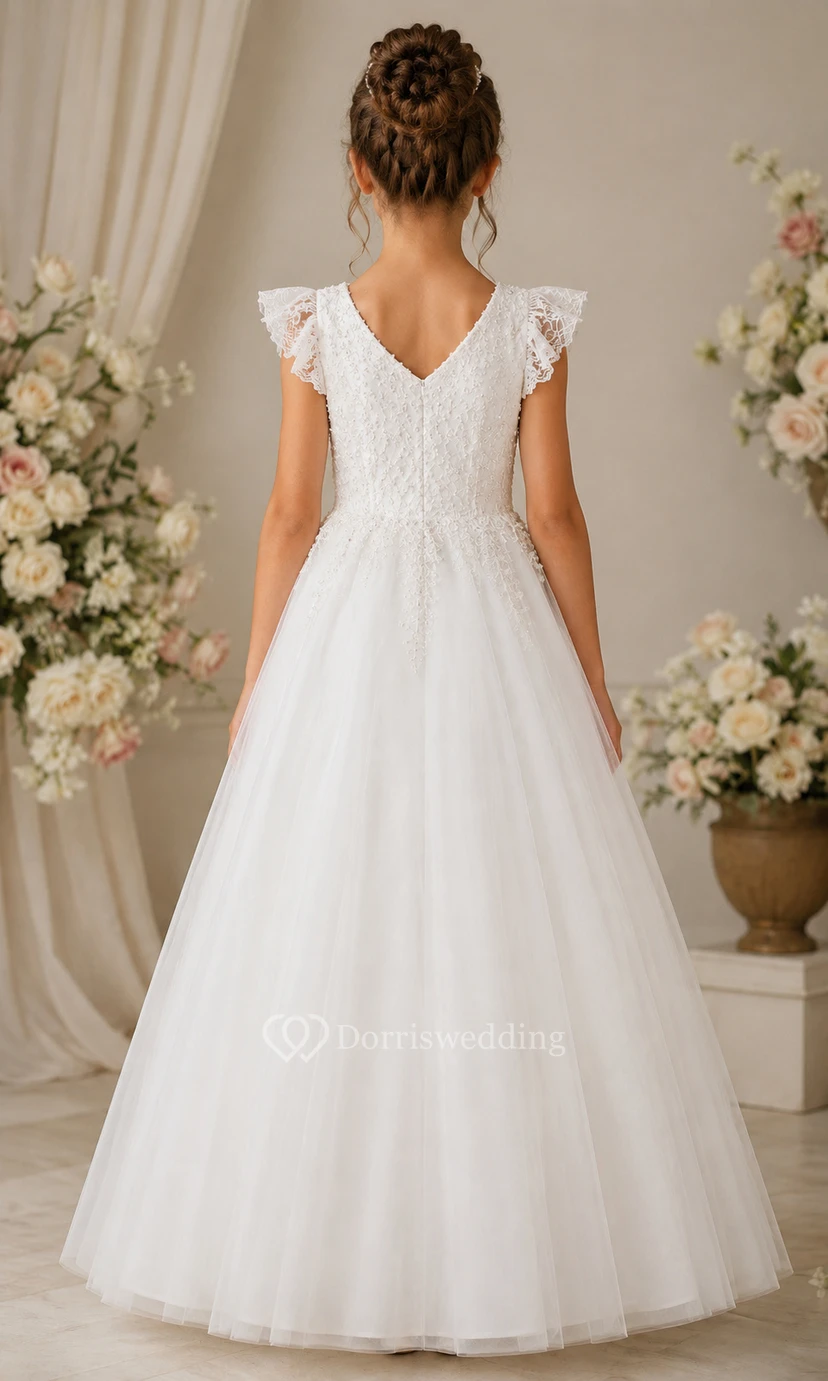 Robe de demoiselle d'honneur blanche en dentelle, coupe trapèze, ornée d'appliqués view 2