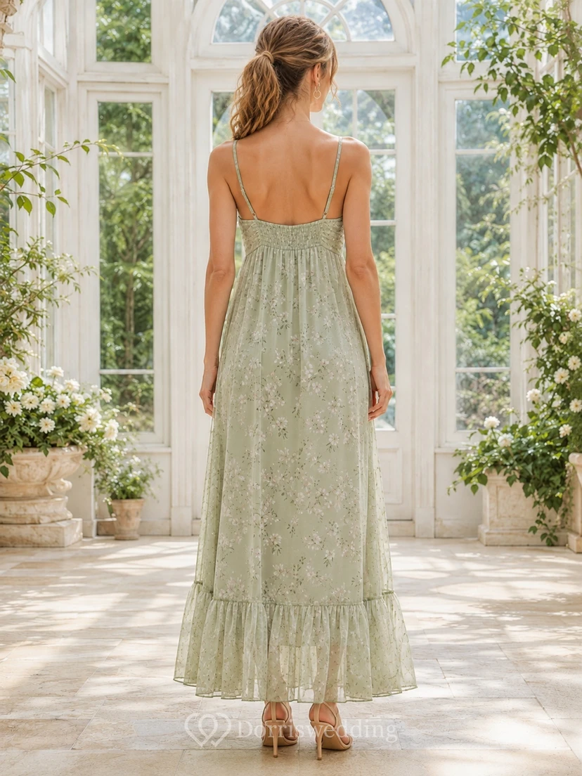 Sage Green Floral Lace Spaghetti Strap Empire Ankle-Length Boho Garden Dress view 2