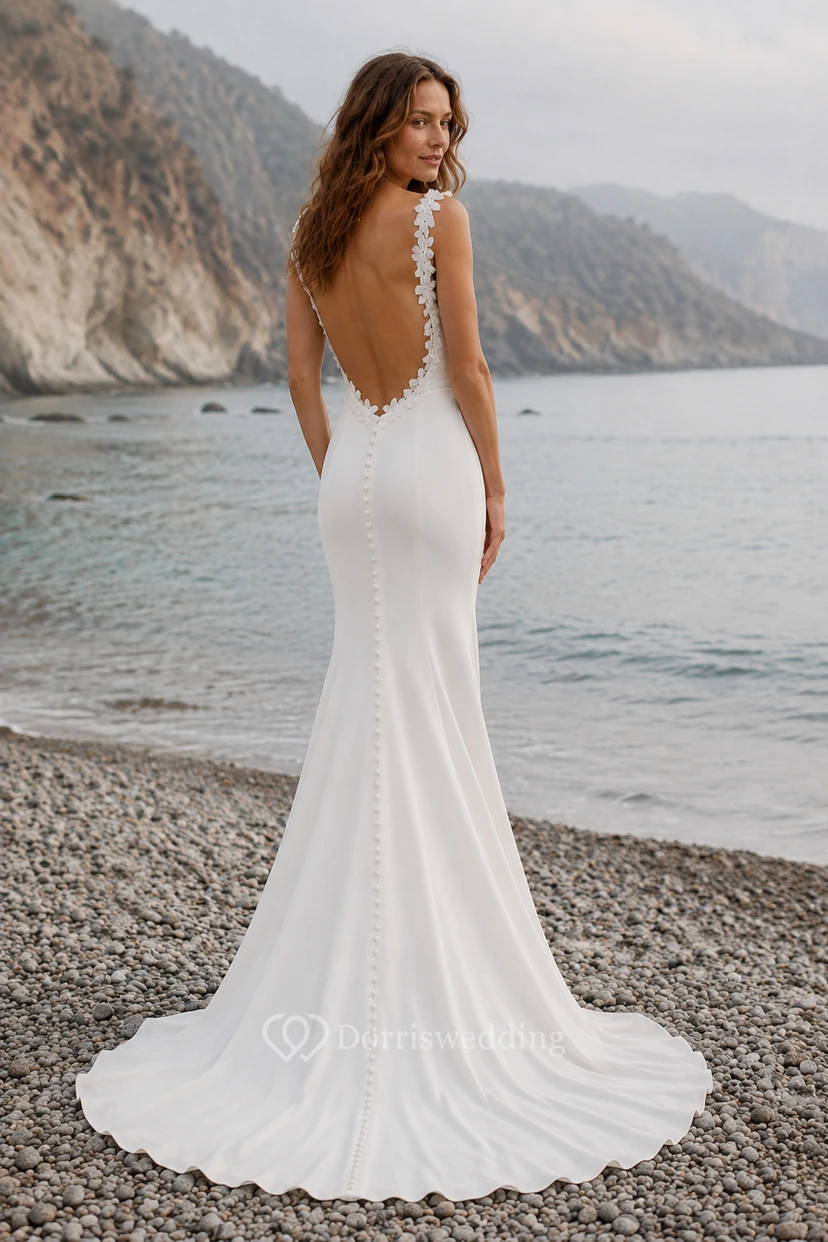 Wedding Sheath Satin Dress with Cowl Neck, Open Back, and Sweep Train view 2