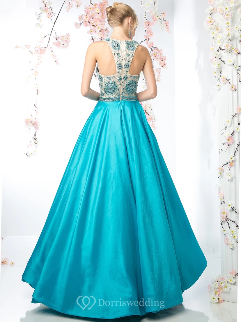 A-Line Long Jewel-Neck Sleeveless Satin Zipper Dress With Beading view 2