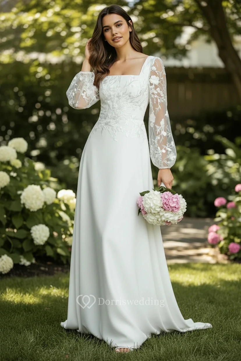 Puff Sleeve Lace Sheath Wedding Dress