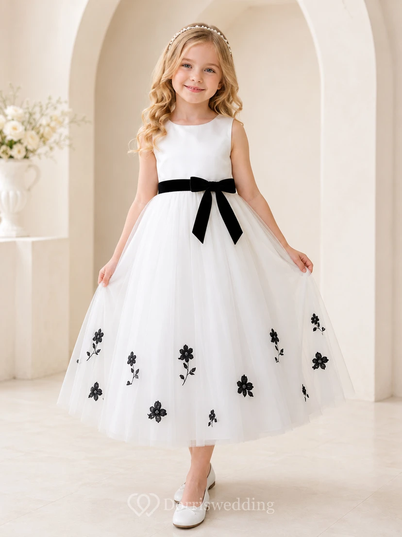 Black Floral Tulle A-Line Flower Girl Party Dress with Sleeveless Bow Appliques and Ruffles