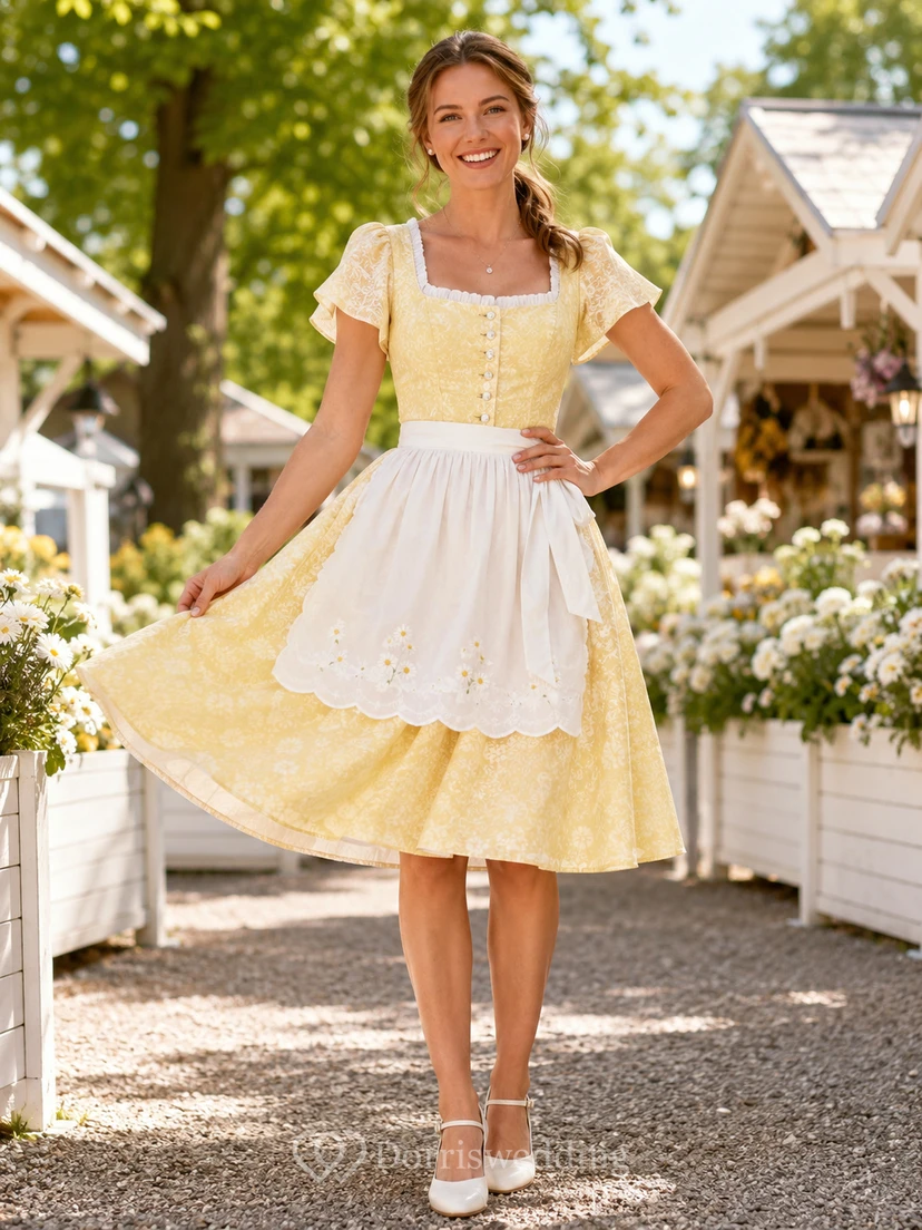 Vestido tipo delantal de manga corta cuadrada hasta la rodilla con diseño de narciso Schötzenfest.