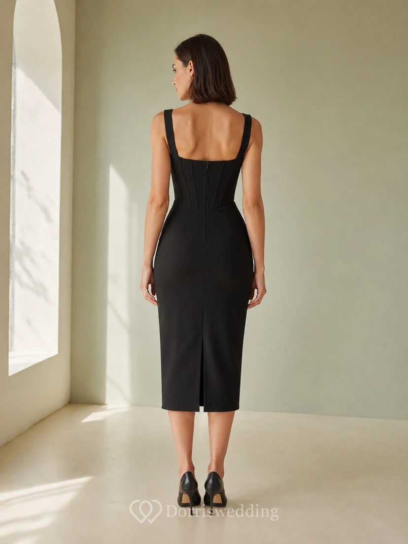 Black Square Neck Corset Strap Tea-Length Sheath Simple Cocktail Guest Dress view 2