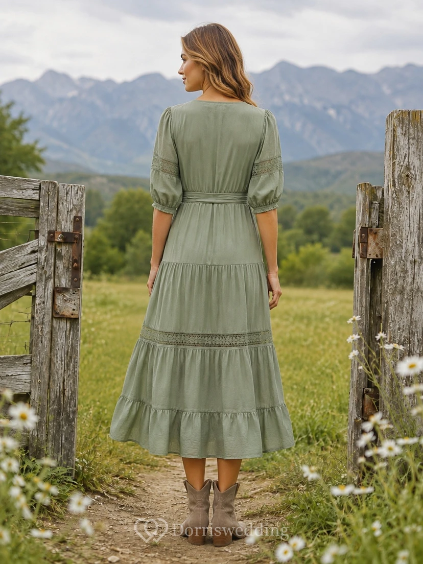 Bohemian Sage Chiffon A-Line Tea-Length V-Neck 3/4 Length Ruffle Dress view 2