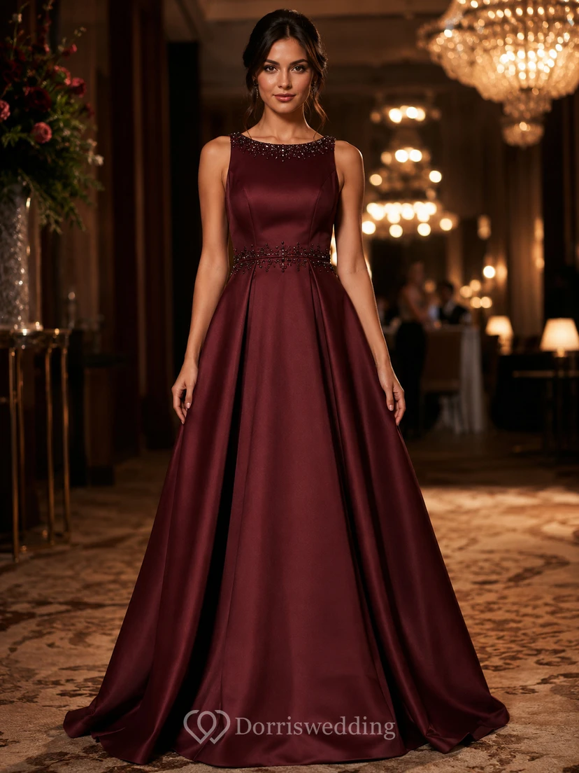 Robe de soirée de gala bordeaux en satin perlé, coupe trapèze