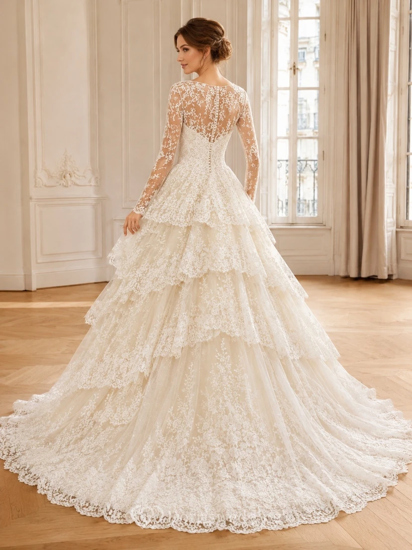 Langärmeliges Ballkleid mit Spitze, Rüschen und Kathedralenschleppe – formelles Hochzeitskleid view 2