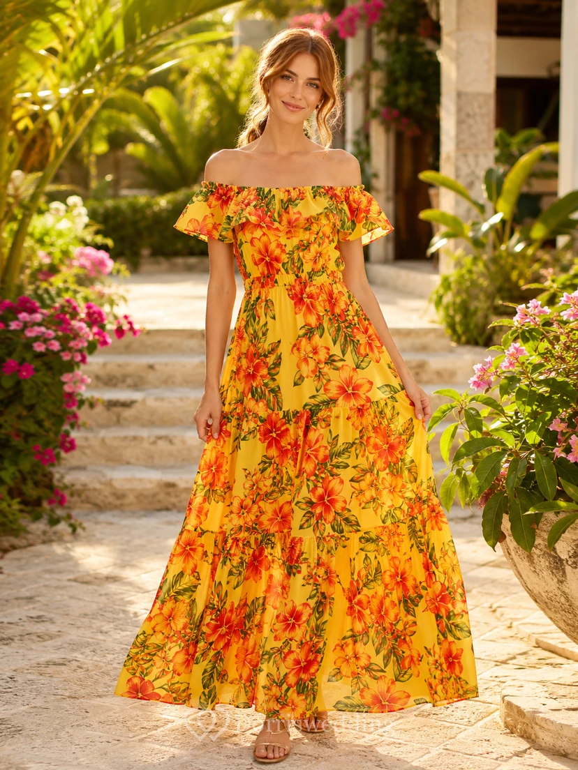 Yellow Tropical Floral Off Shoulder Vacation Maxi Dress