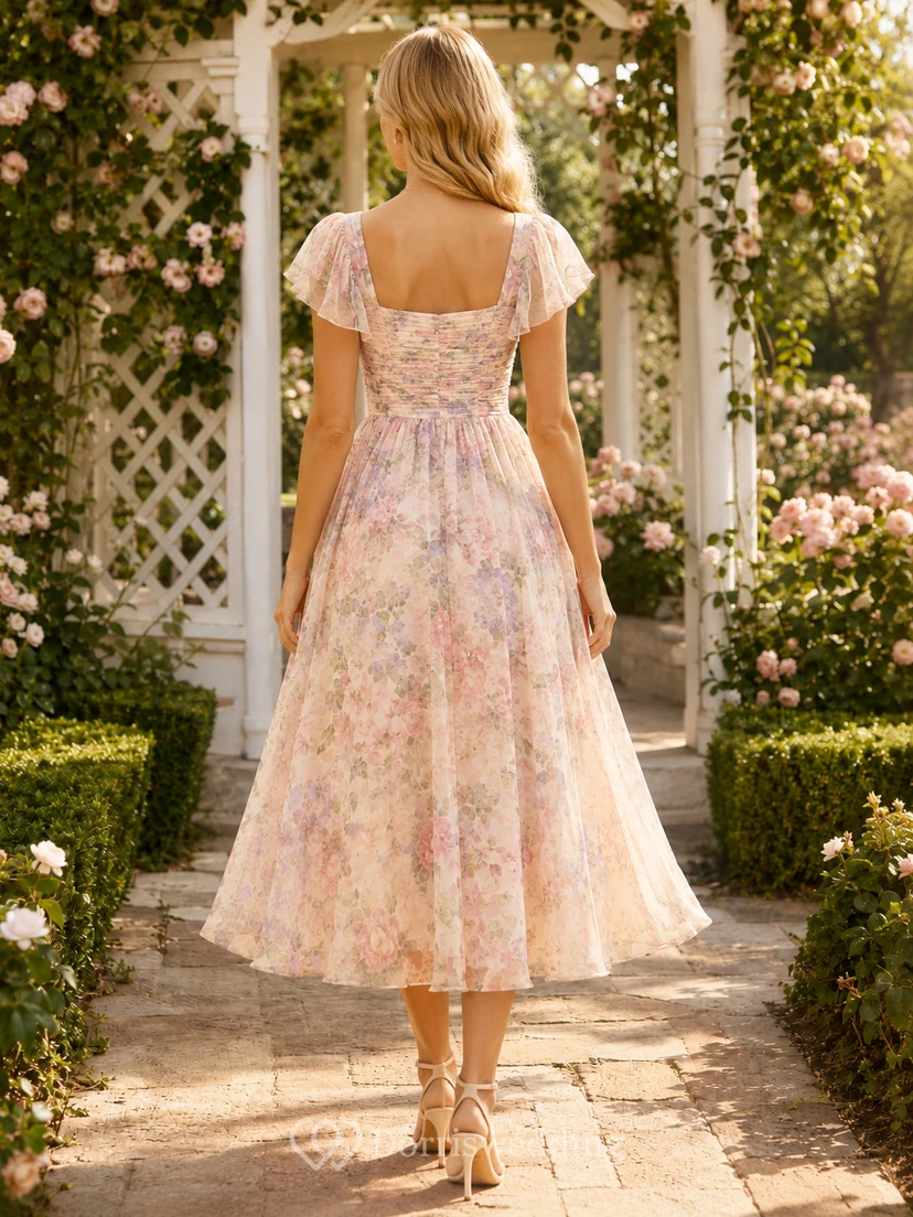 Pastel Floral Sweetheart Puff Sleeve Garden Midi Dress view 2