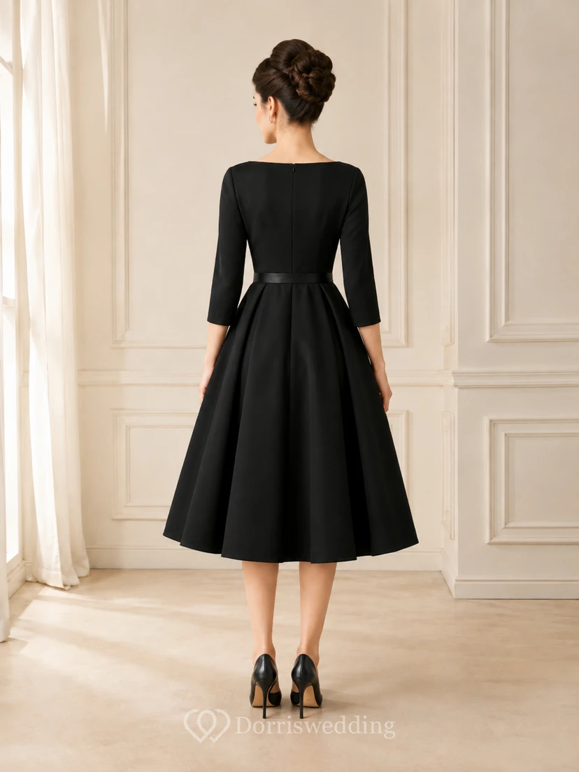Vestido de cóctel negro de satén con corte en A, manga corta y estilo barco, de estilo vintage. view 2