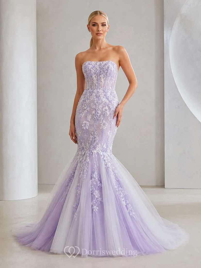 Lavendelfarbenes Meerjungfrauen-Brautkleid aus Spitze und Tüll, trägerlos, ärmellos, mit Schleppe