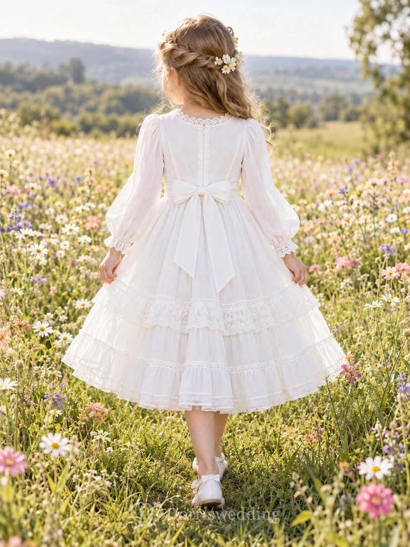 Victorian White Jewel Neck Long Sleeve Tiered Flower Girl Dress view 2