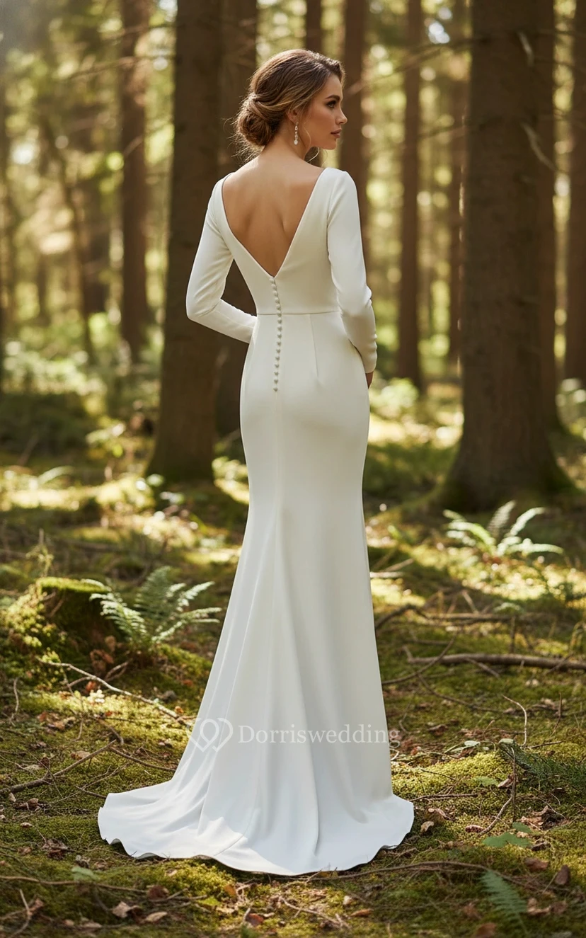 Elegantes, minimalistisches Meerjungfrauen-Brautkleid aus Crêpe mit langen Ärmeln und V-Ausschnitt view 2