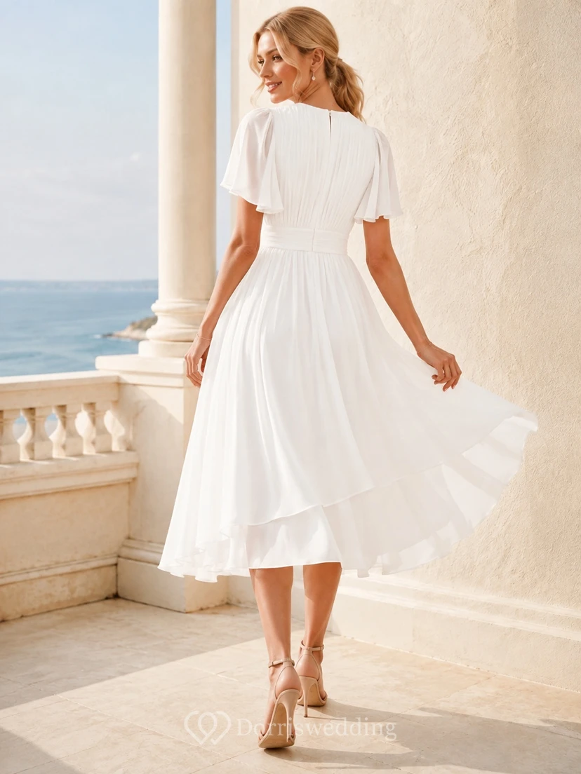 Modest White Jewel Neck Flutter Sleeve Chiffon A-Line Tea-Length Summer Dress view 2