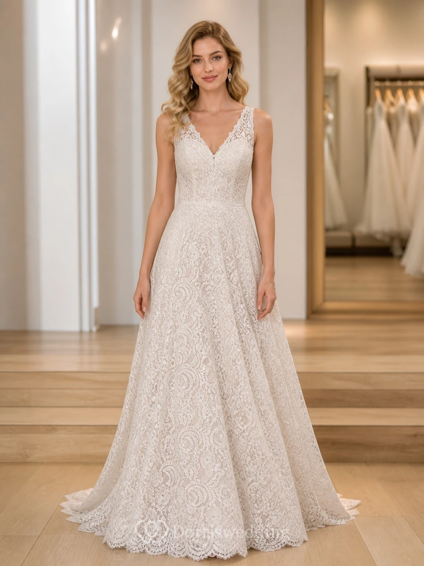 Vestido de novia romántico de corte A con escote en V y cola larga de encaje