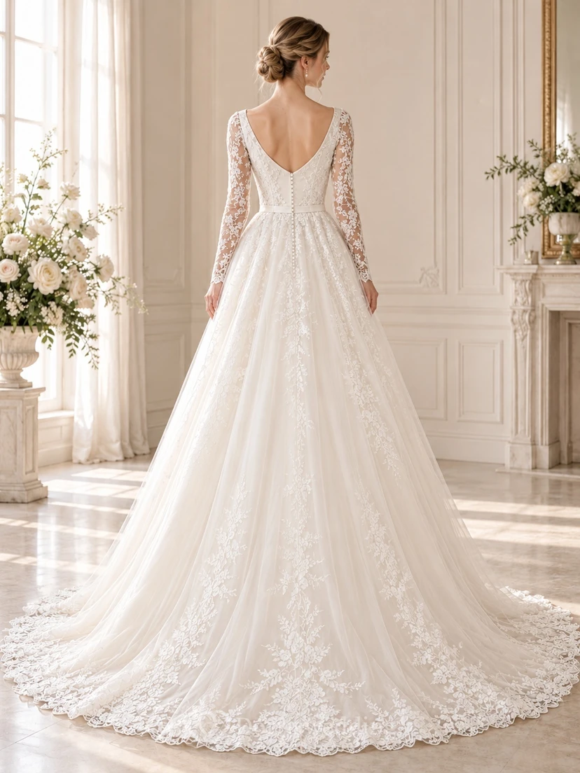 Long Sleeve Bateau Neck Satin Lace A-Line Wedding Dress view 2