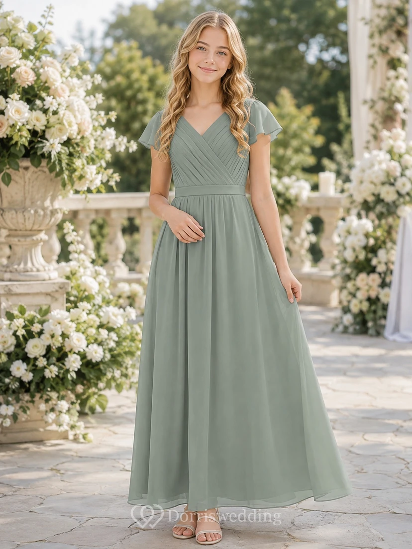 Celadonfarbenes Brautjungfernkleid für junge Damen, A-Linie, V-Ausschnitt, kurze Ärmel, plissiert, elegant