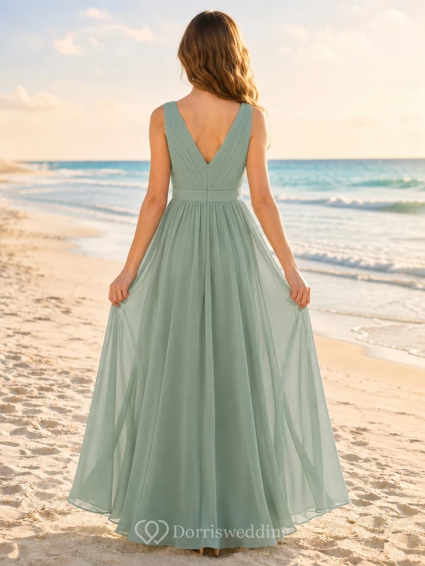 Mintgrünes Brautjungfernkleid für junge Mädchen, A-Linie, Rundhalsausschnitt, ärmellos, mit Falten, romantisch view 2