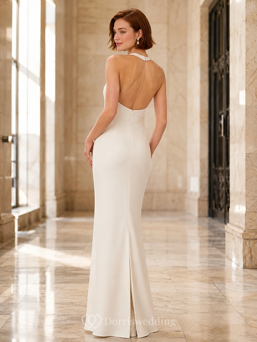 Courthouse Wedding Minimalist Halter Neck Open Back Sheath Floor Length Dress view 2