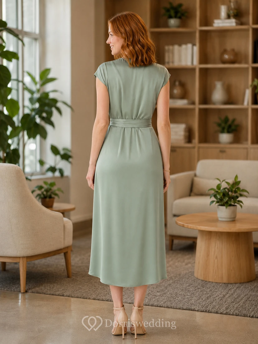 Sage Sleeveless V Neck Wrap Sheath Community Midi Dress view 2