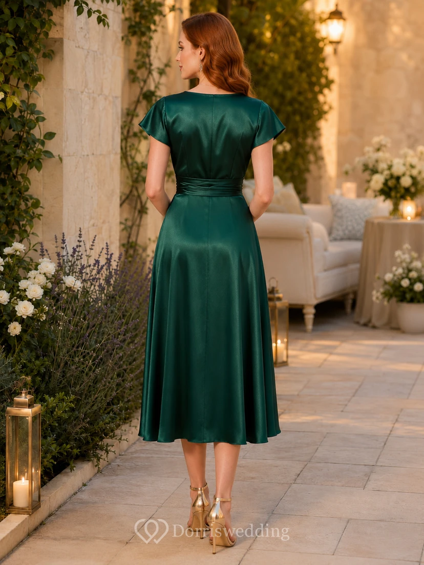 Emerald V Neck Satin Wrap Midi Guest Dress view 2