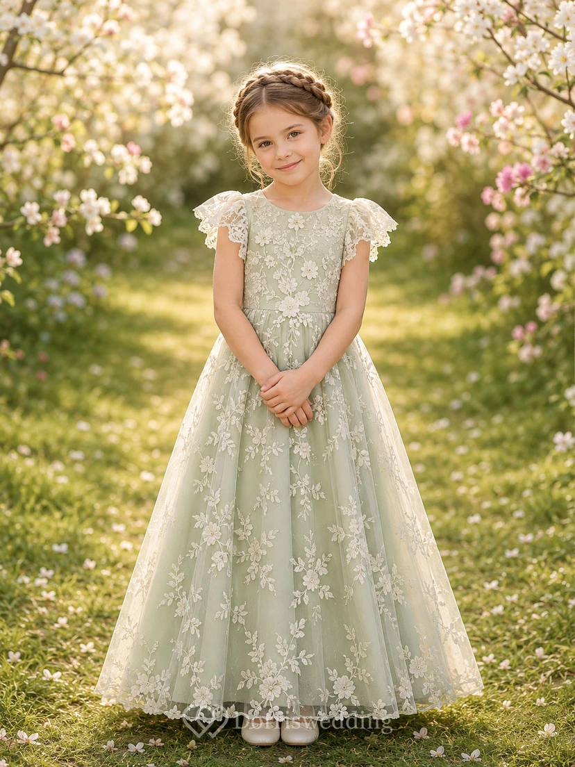 Robe de demoiselle d'honneur en dentelle sauge et tulle, coupe trapèze, col rond, longueur thé