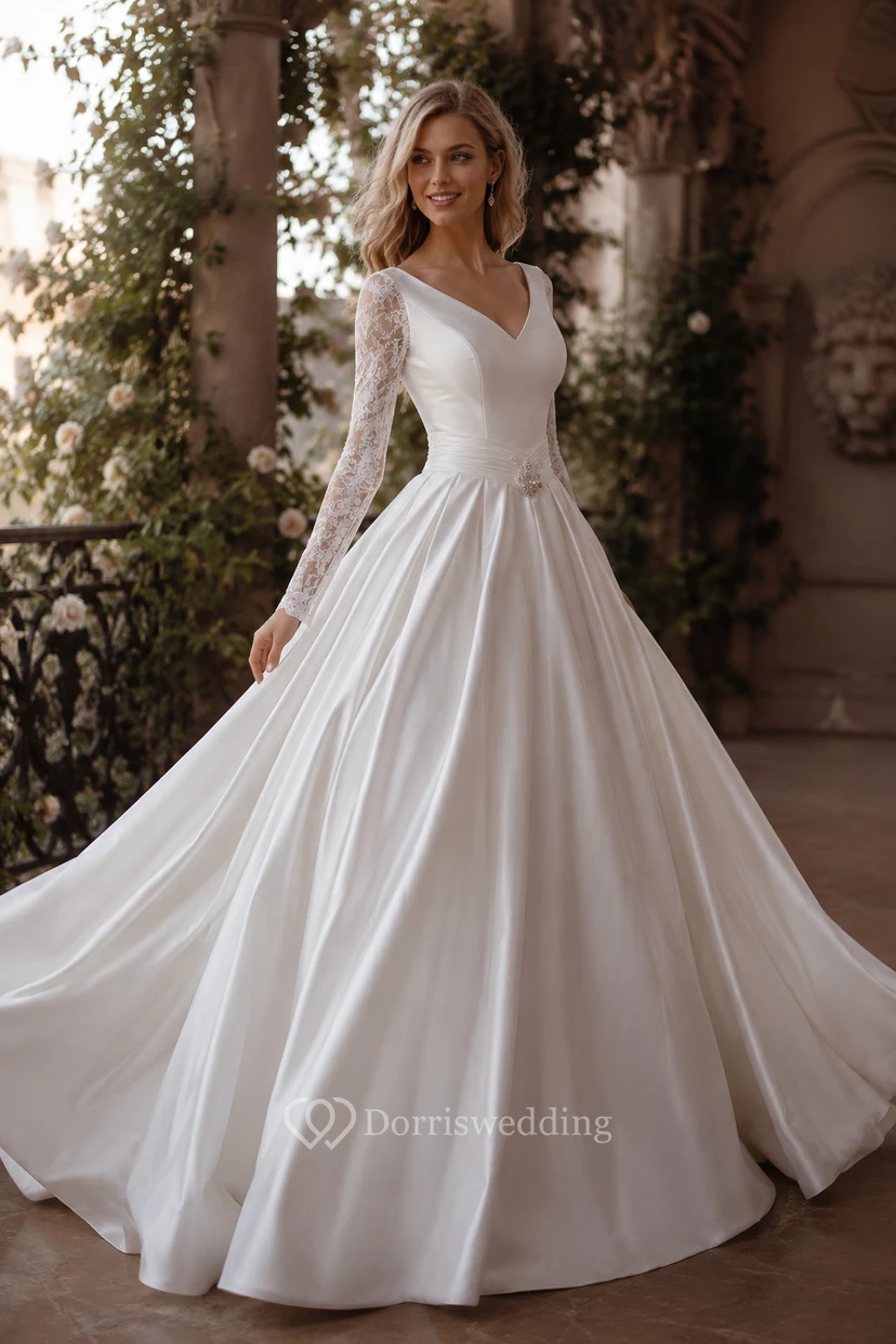 A-Linien-Ballkleid, Teelänge, V-Ausschnitt, lange Ärmel, Perlenbesatz, Jacke aus Chiffon, Tüll, Spitze, Pailletten, Organza, Satin view 5