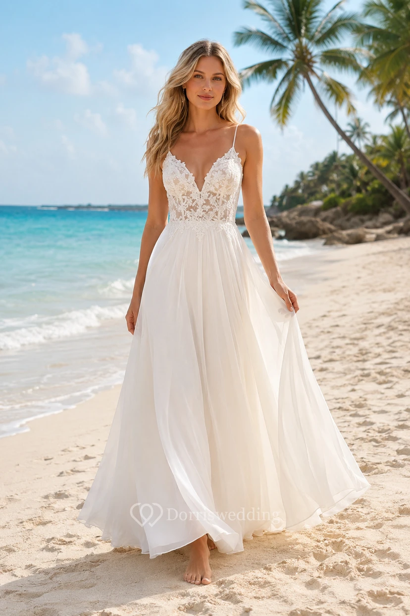 Robe de mariée trapèze à fines bretelles pour la plage