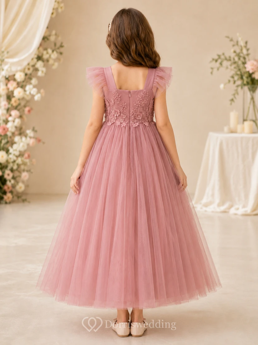Bodenlanges Tüllkleid mit Spitzenoberteil, A-Linien-Schnitt, kurzen Ärmeln, Rundhalsausschnitt und bodenlangem Rock für Blumenmädchen. view 2