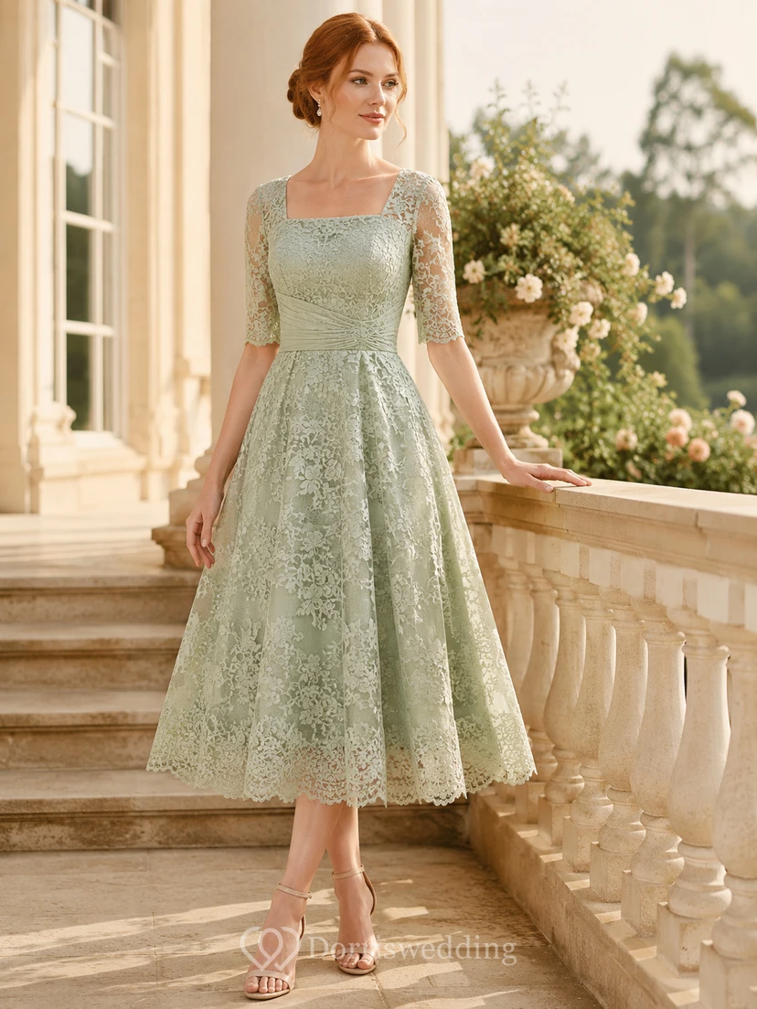 Sage Lace Cap Sleeve Pastel Ceremony Tea Dress