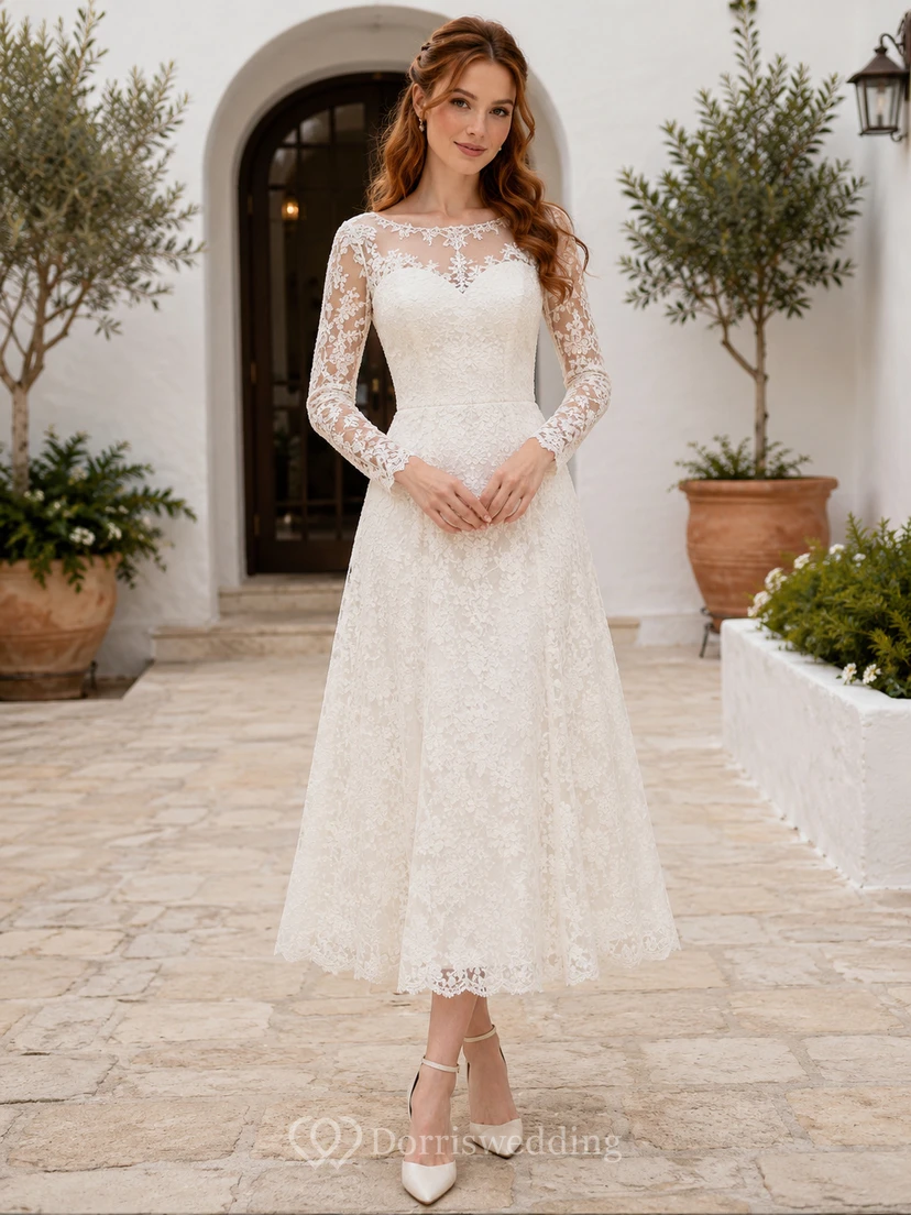 Robe de mariée vintage en dentelle, coupe trapèze, col rond, manches longues, longueur thé