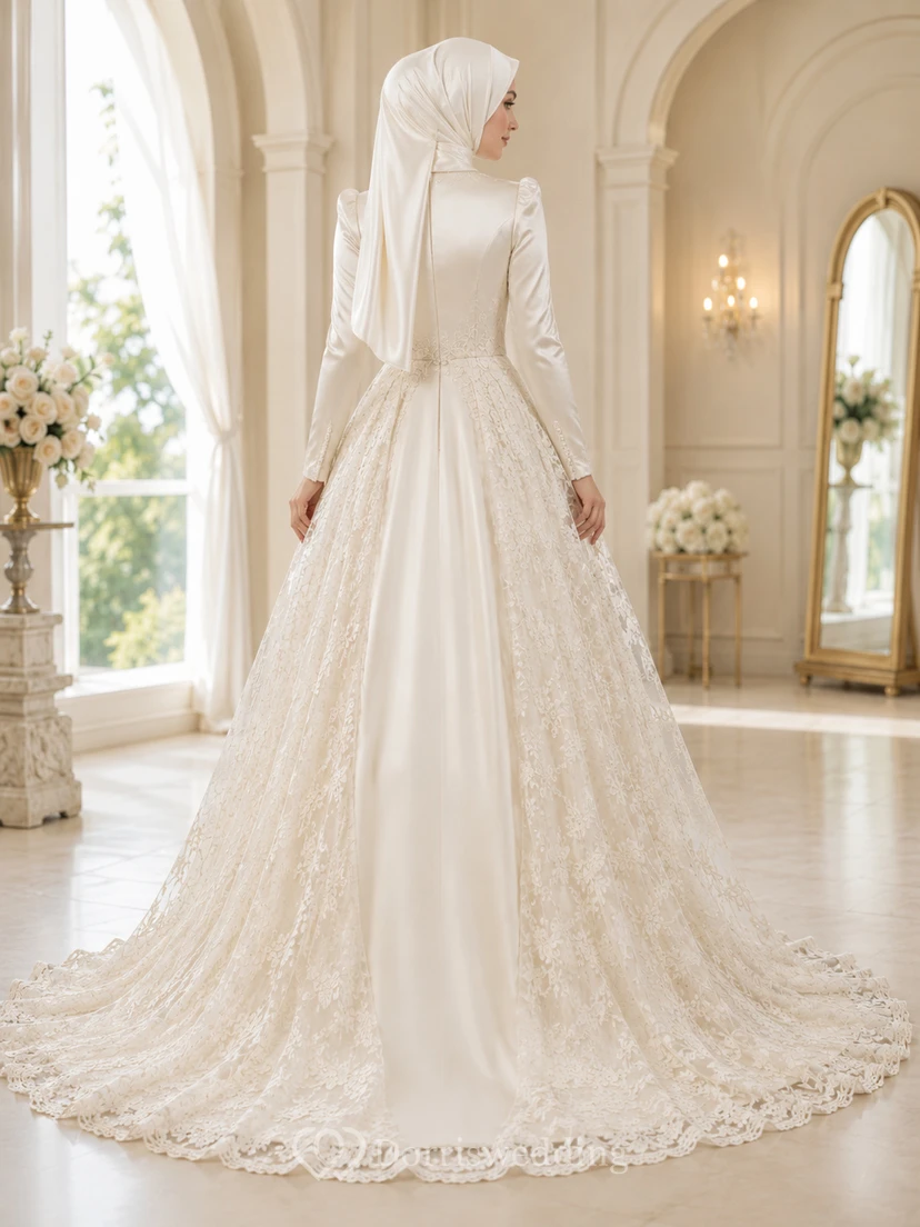 Vestido de novia musulmán de satén con cuello alto y sobrefalda de encaje desmontable. view 2