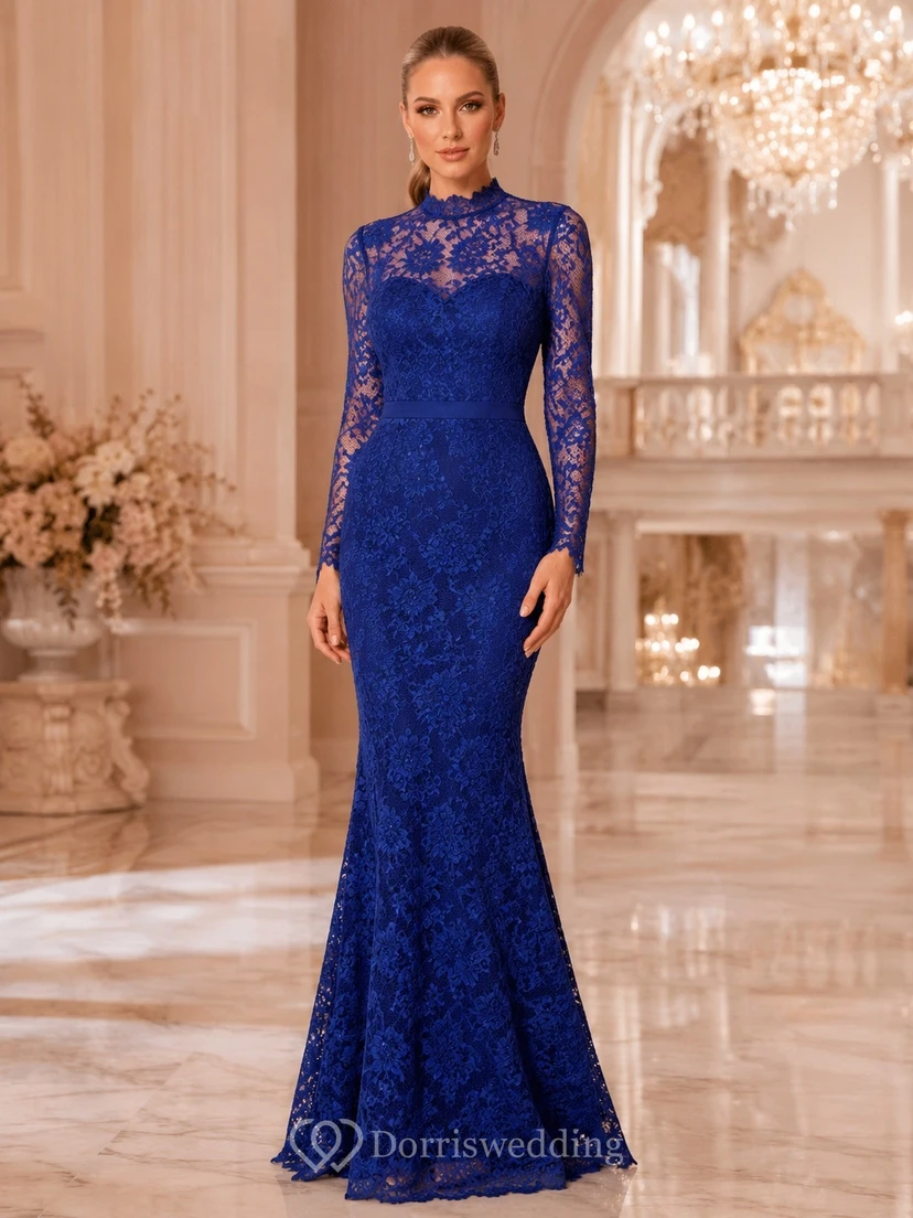 Royal Blue High Neck Illusion Long Sleeve Lace Mermaid Dress