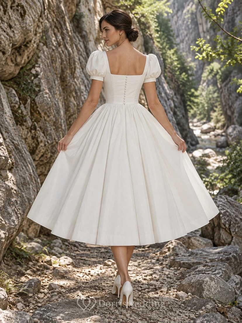 Vestido de novia sencillo de satén plisado, largo hasta la rodilla, cuello cuadrado, mangas cortas abullonadas. view 2