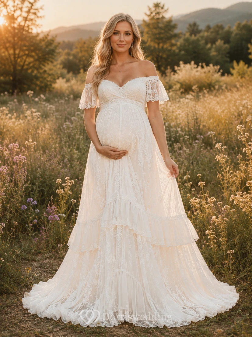 Maternity Wedding Dress Off Shoulder Flutter Sleeve Tiered Lace Bridal Gown