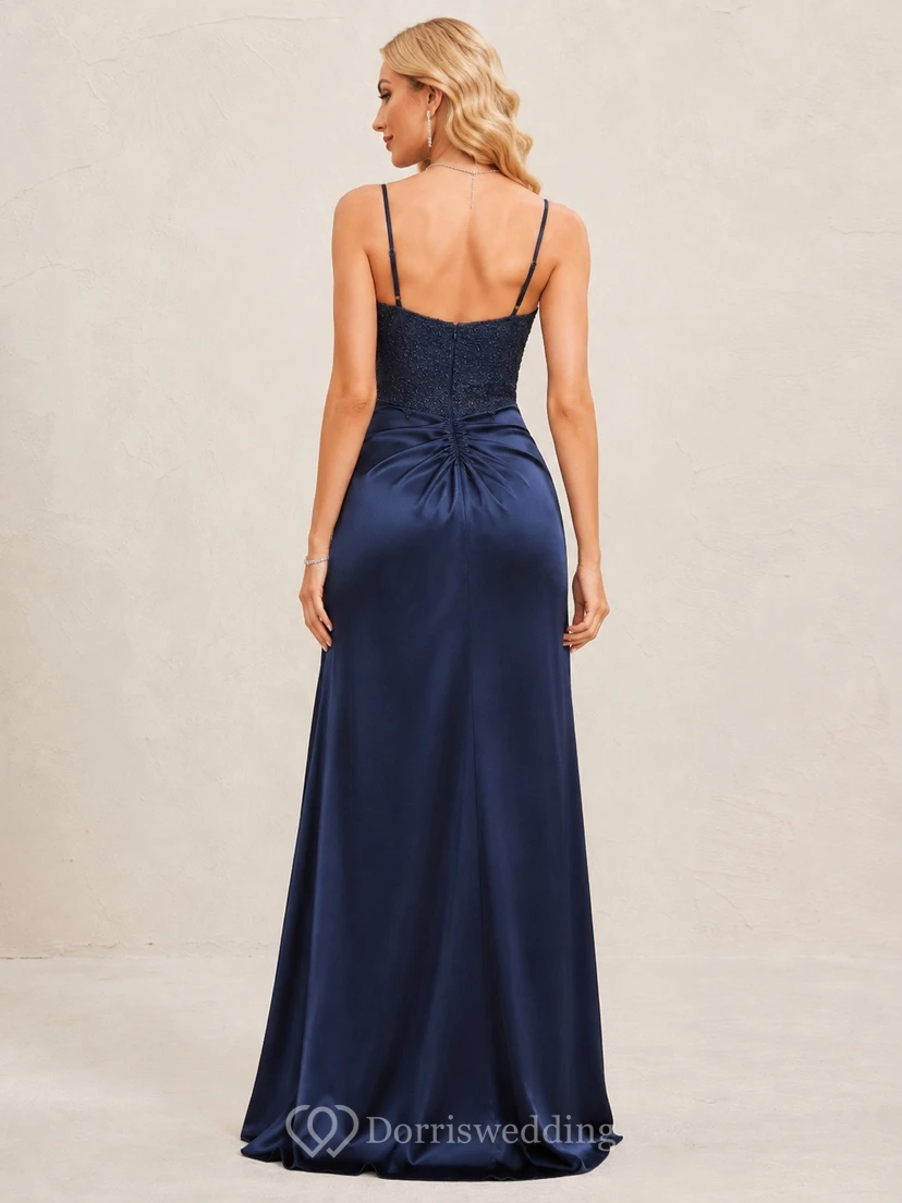Dark Navy Spaghetti Strap Satin Split Front Prom Gown view 2