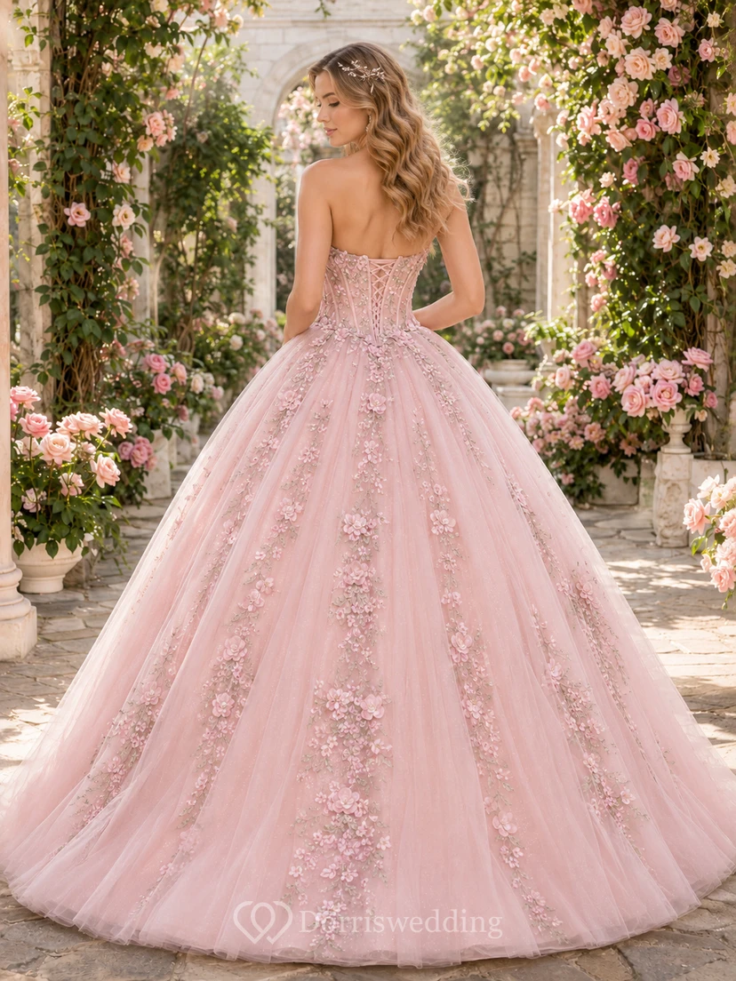 Blushing Pink Enchanted Garden Strapless Floral Quinceanera Princess Formal Ball Gown view 2